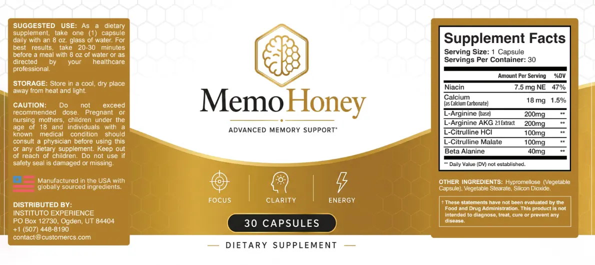 MemoHoney supplement facts and product label